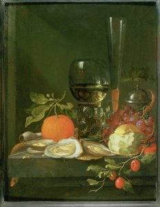 Still Life of Oysters, Grapes, Bread and Glasses on a Ledge